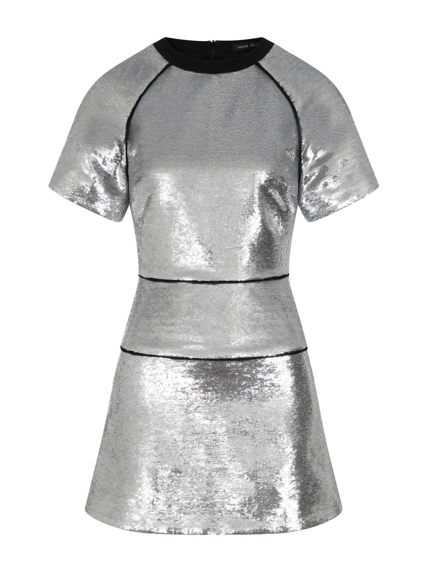 Unique silver dress made from sequin fabric with sleeves