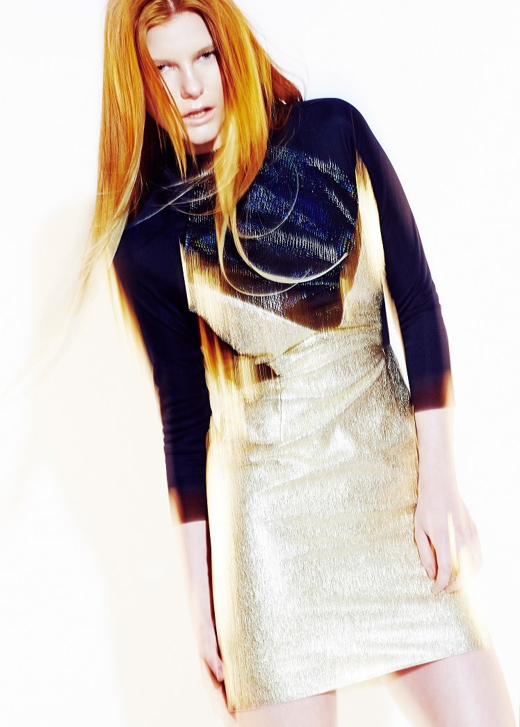 Gold Metallic And Black Leather Dress