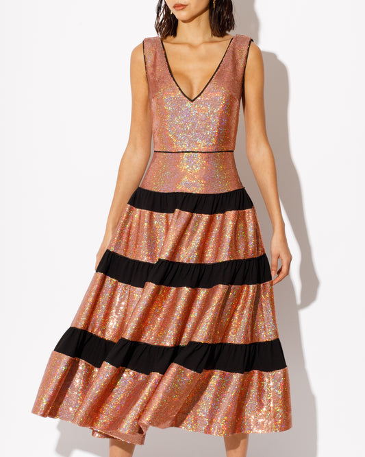 pink sequin dress with black trims