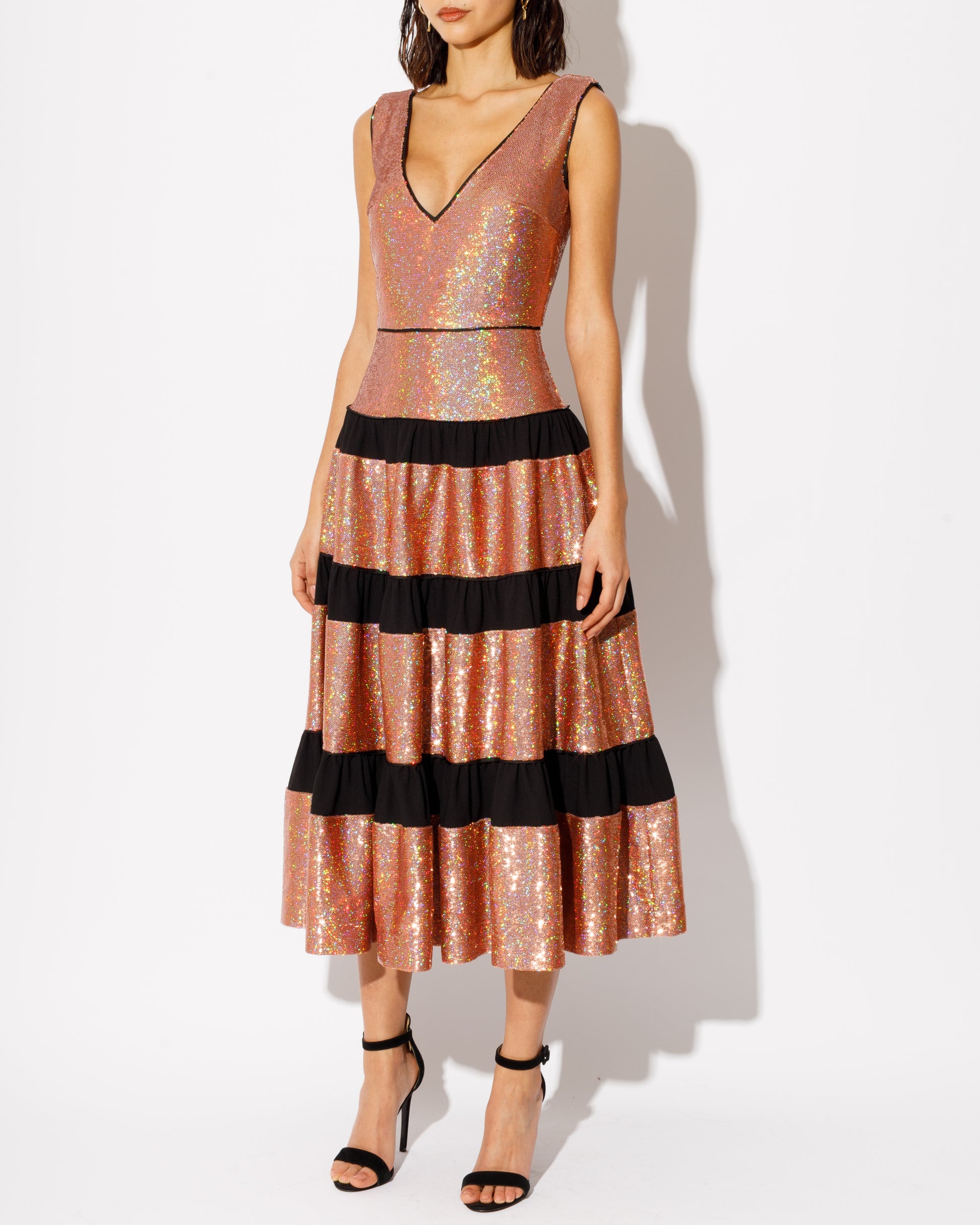 pink sequin midi dress with black trims