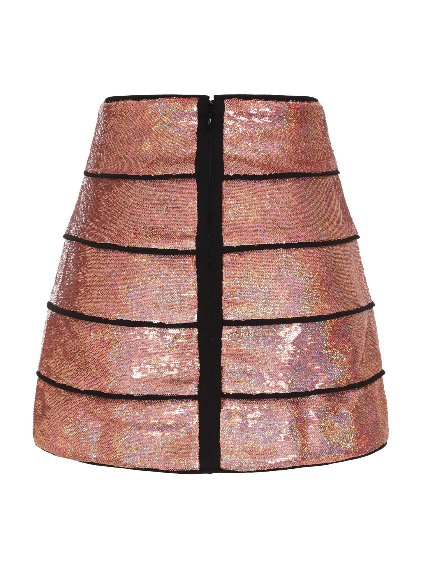 Pink Sequin Party Mini Skirt With Contrast Stripe Trims