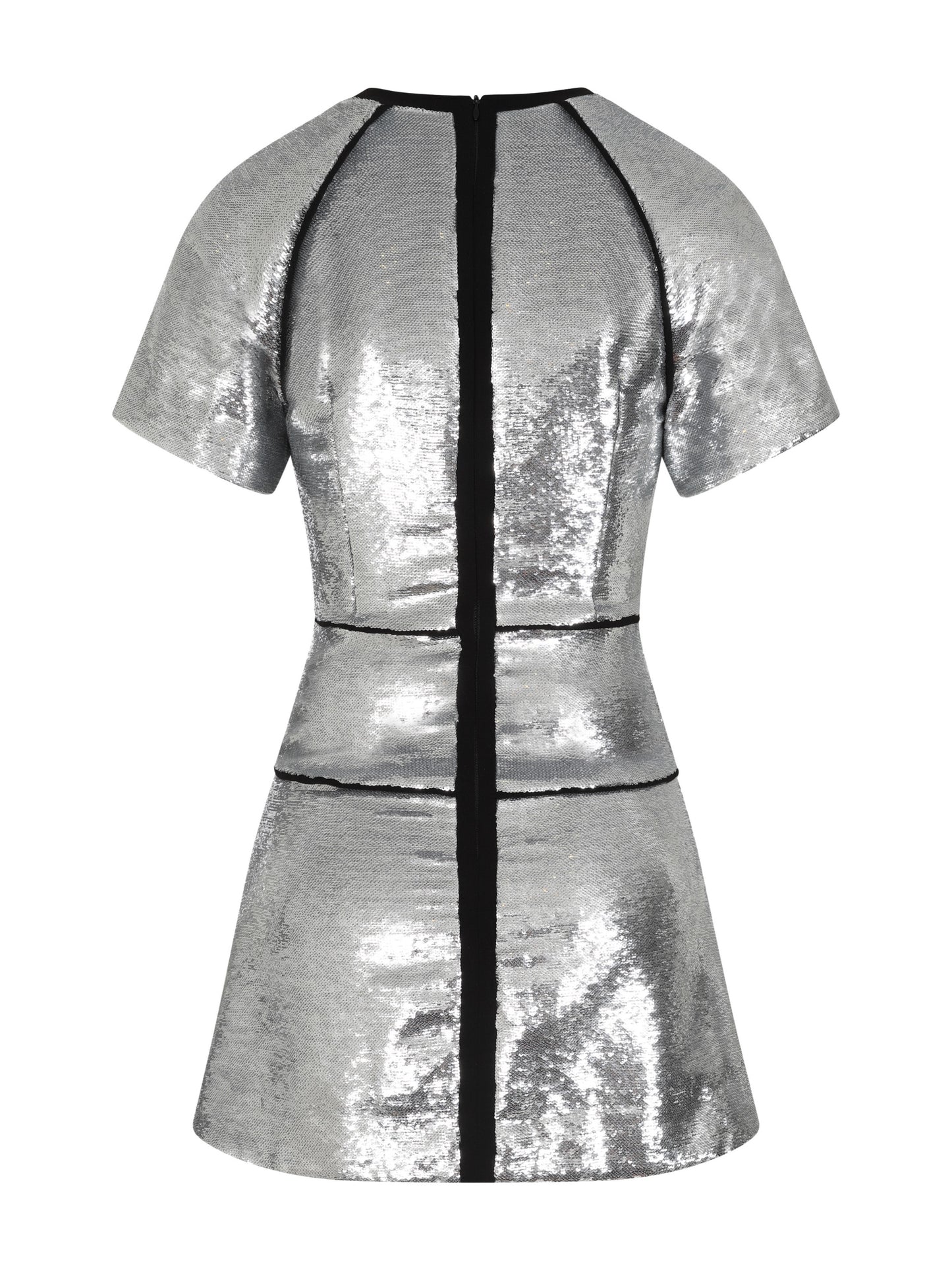 Silver Sequin Party Mini dress With Short Sleeves and Black Trims
