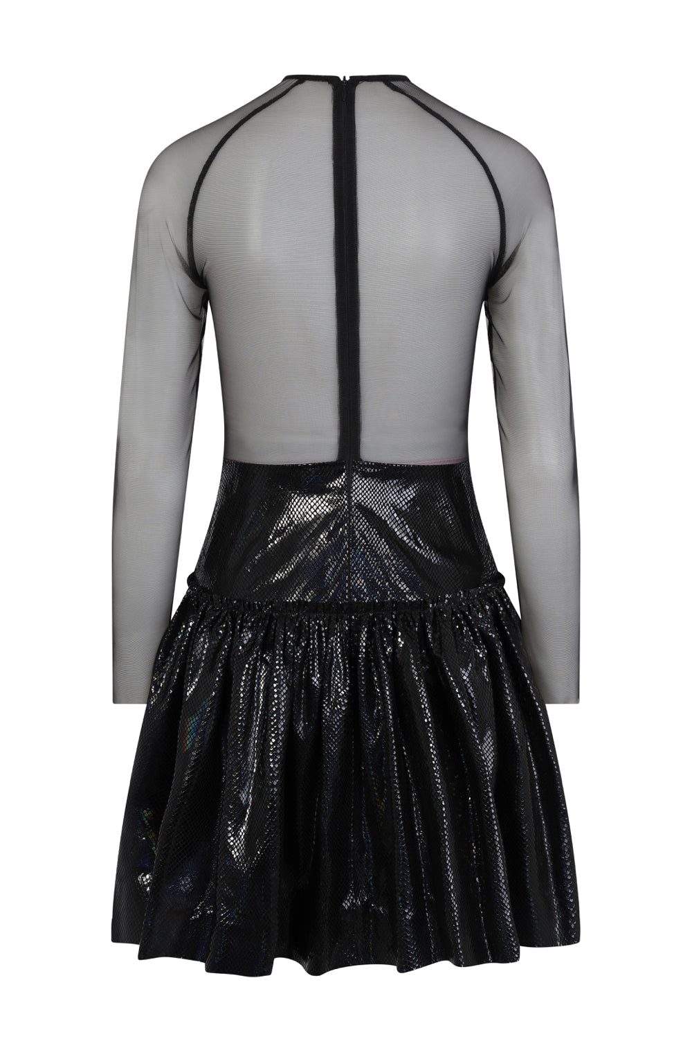 black leather dress with sheer mesh back